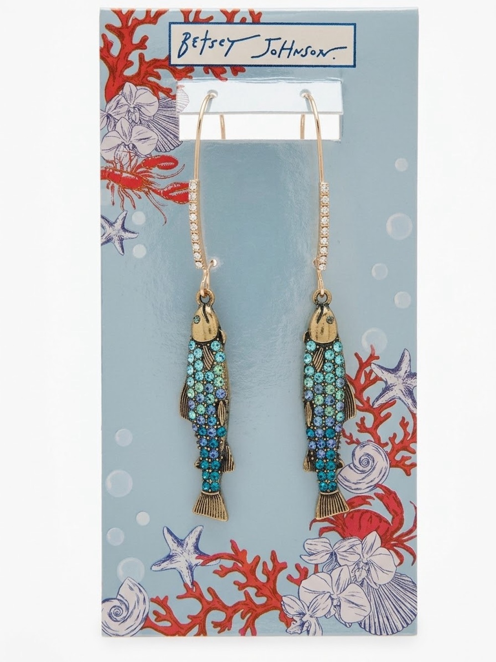 Betsey Johnson Blue Crystal Fish Earrings Nautical Statement Dangle NWT